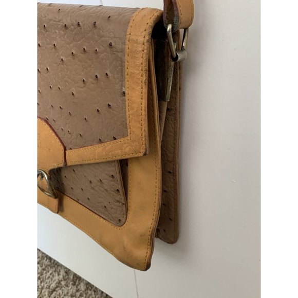 Vintage Taupe Ostrich Leather Handbag Purse with Honey Leather Strap & Trim - Picture 4 of 12